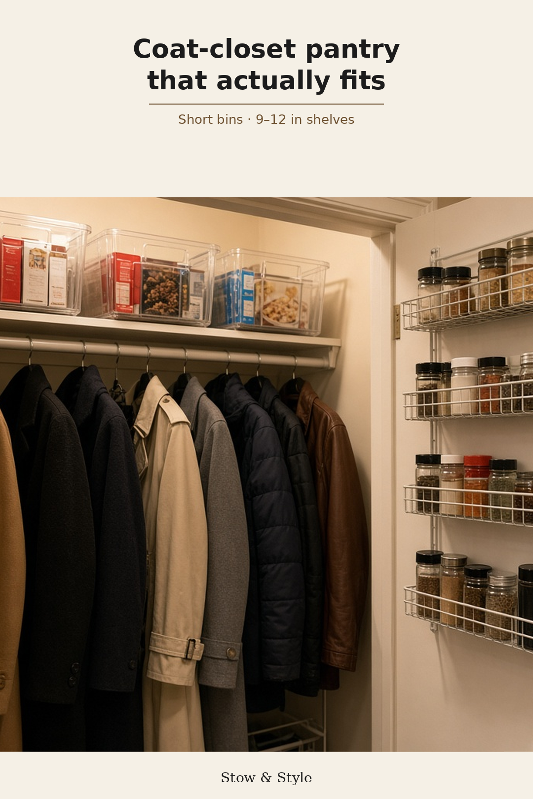 Shallow apartment pantry with matching bins