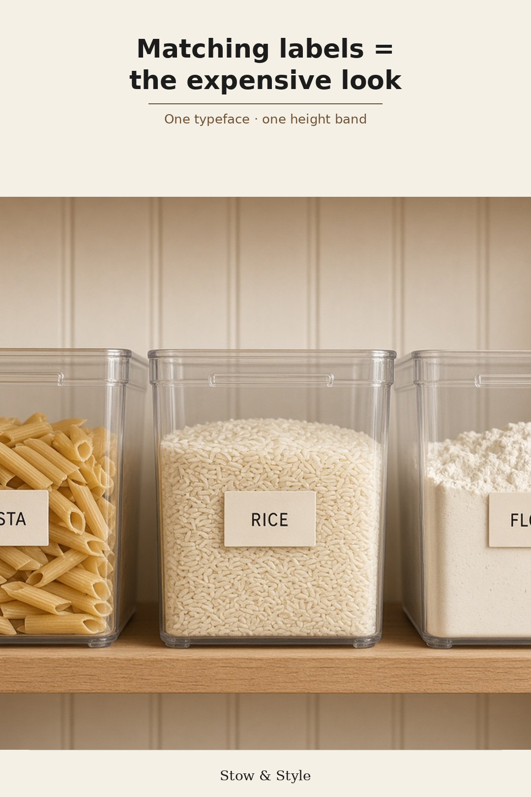 Organized apartment pantry with matching containers