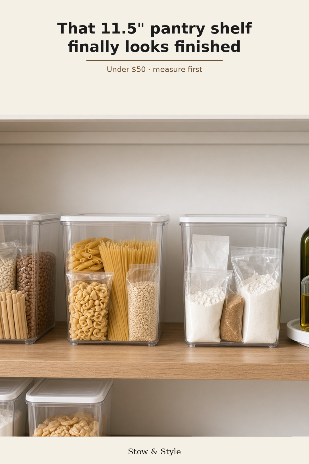 Warm apartment pantry with matching bins and open shelf space