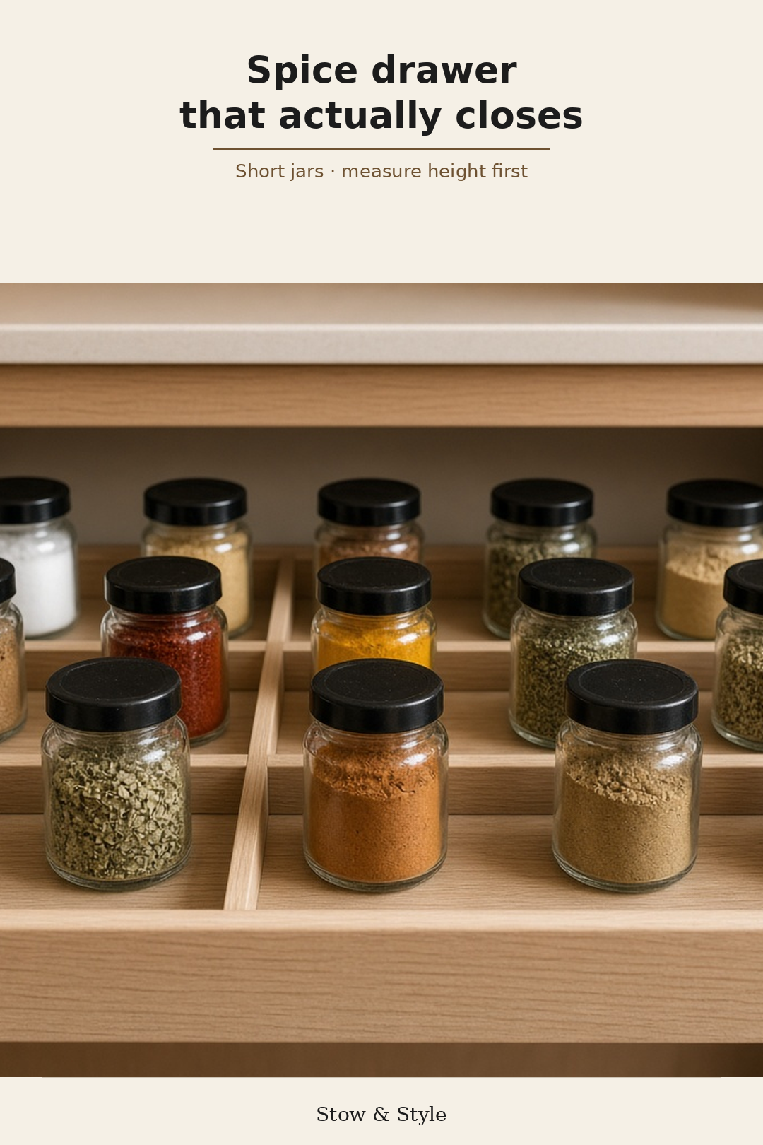 Open spice drawer with matching jars
