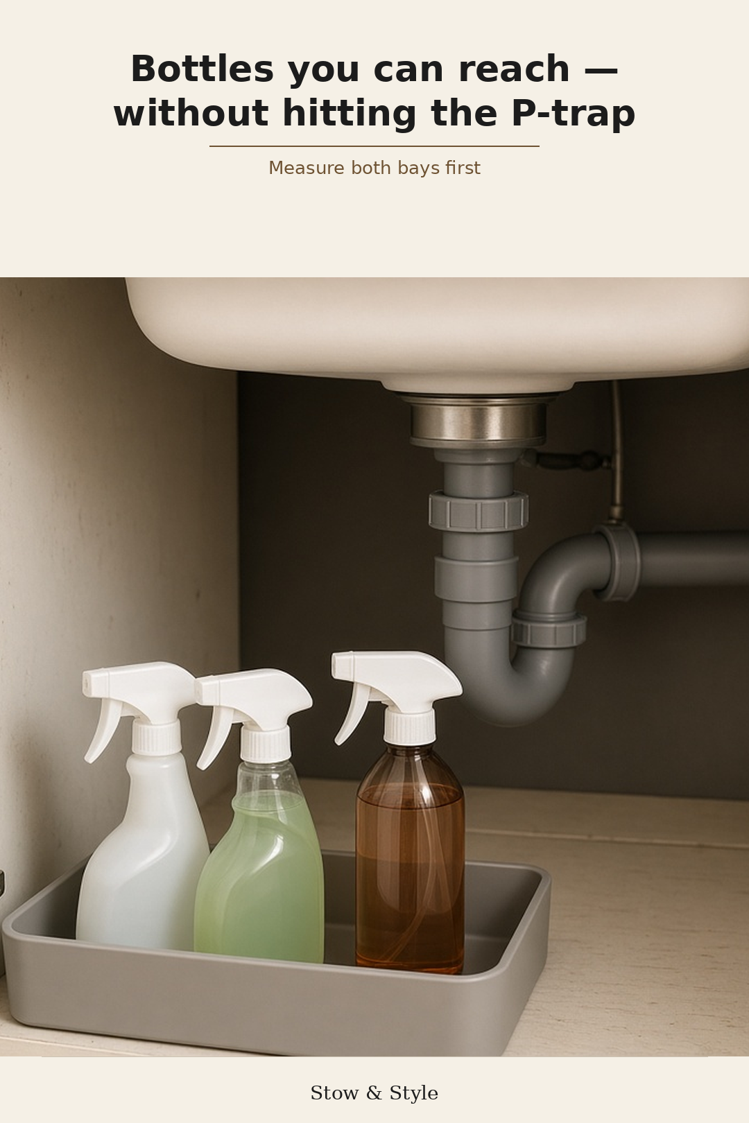 Open under-sink cabinet with organized caddies